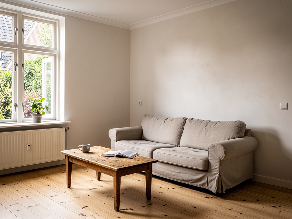 Illustratieve richting voor rustige woonkamers met strak afgewerkt stukwerk